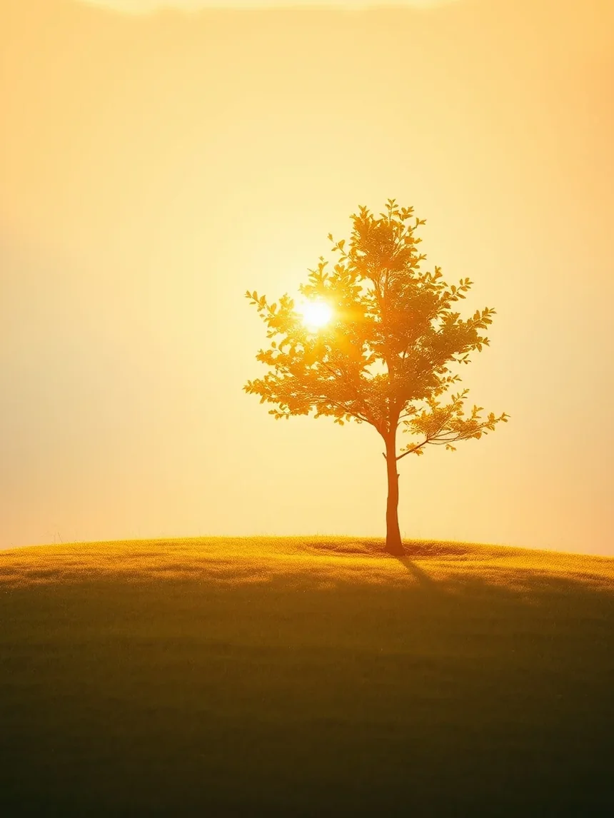 Árbol joven creciendo hacia la luz cálida del amanecer — metáfora visual de la autoestima que se cultiva con tiempo y cuidado.