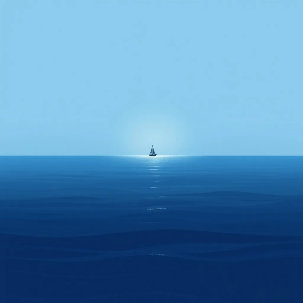 Un pequeño velero navegando hacia la luz del horizonte sobre un mar azul en calma