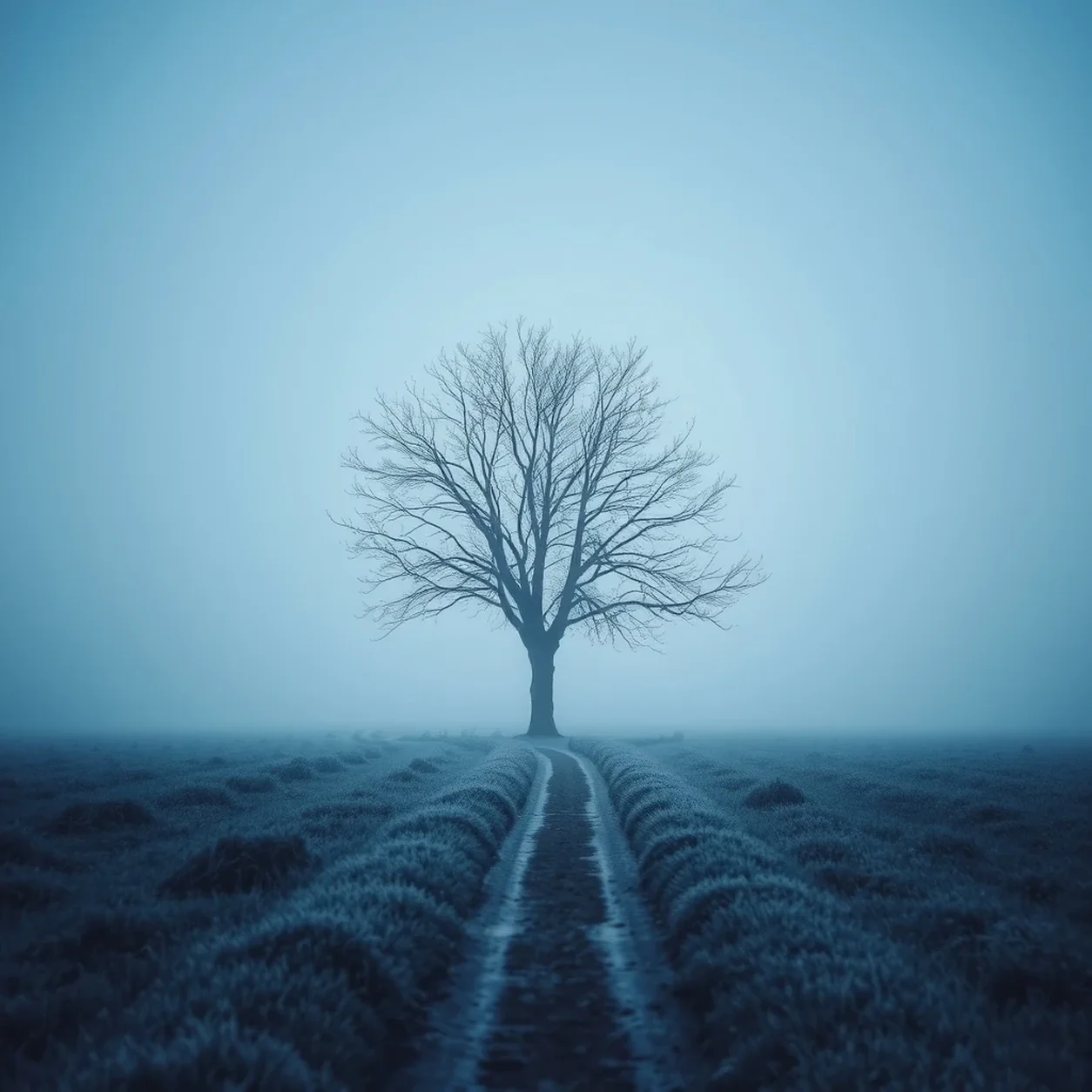 Árbol solitario emergiendo de la niebla al amanecer — metáfora visual del duelo que se elabora con el tiempo.
